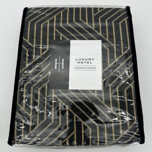 NEW HOTEL SHOWER CURTAIN 72 X 72 LUXURY Black w/Gold 100% Cotton Made in India